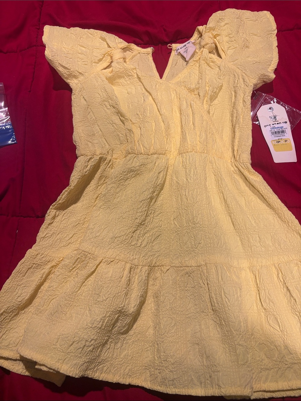 One Step Ahead Yellow Textured Puff-Sleeve Dress